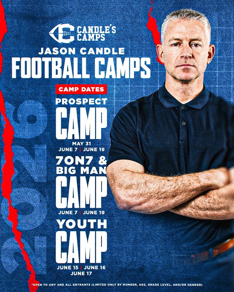 Jason Candle Football Camps 2026 dates graphic