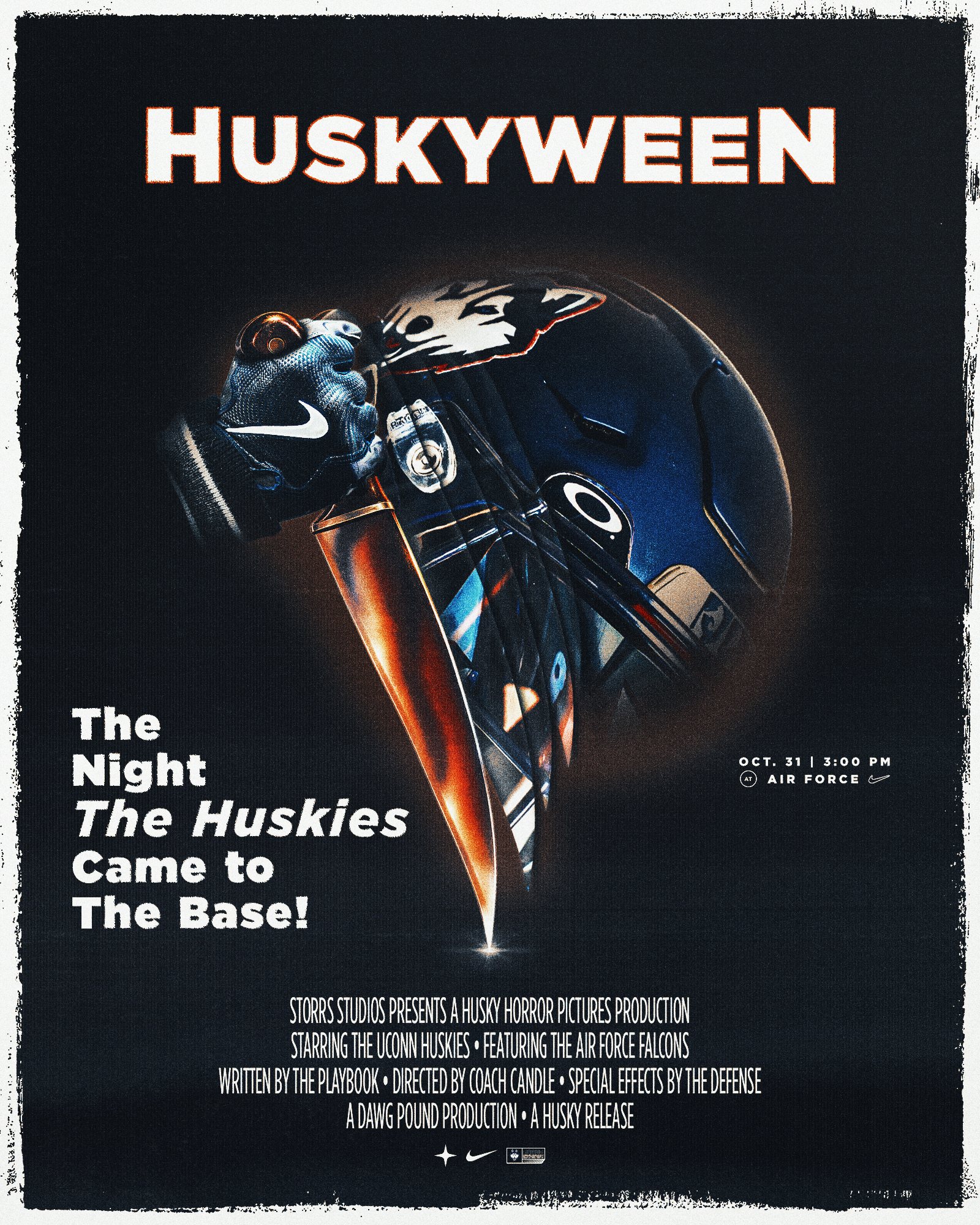 HUSKYWEEN poster for UConn Football vs Air Force on Halloween, a gloved hand holding a knife