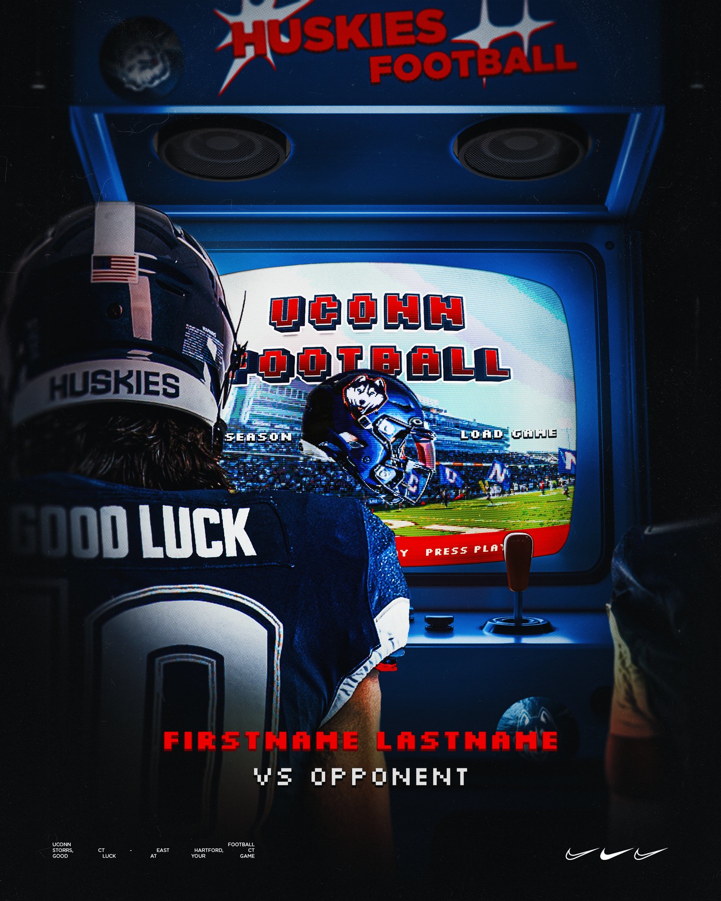 Press Play arcade-style good luck graphic for UConn Football recruits