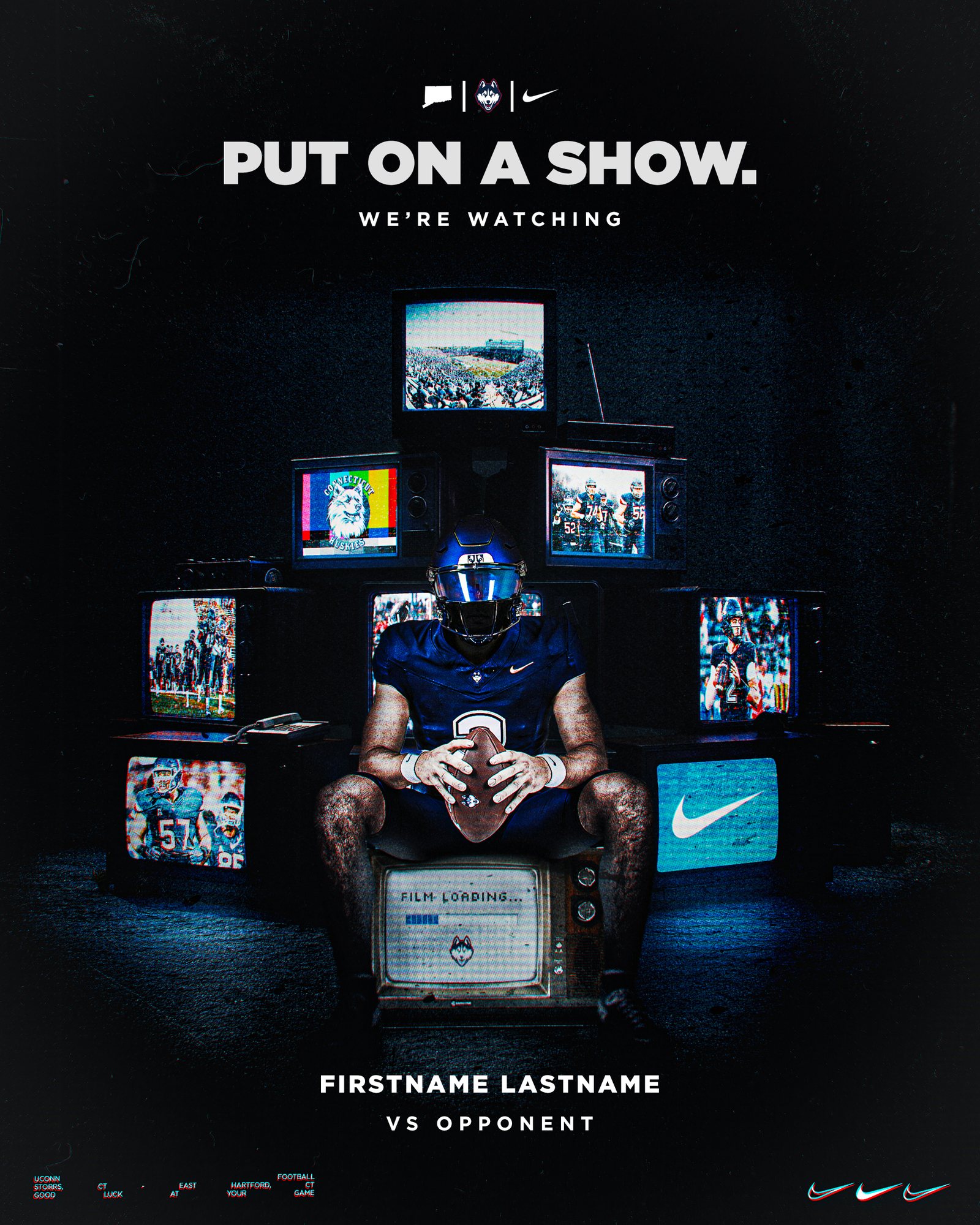 Put On A Show recruiting graphic, a UConn player sitting on a TV surrounded by stacked old TVs