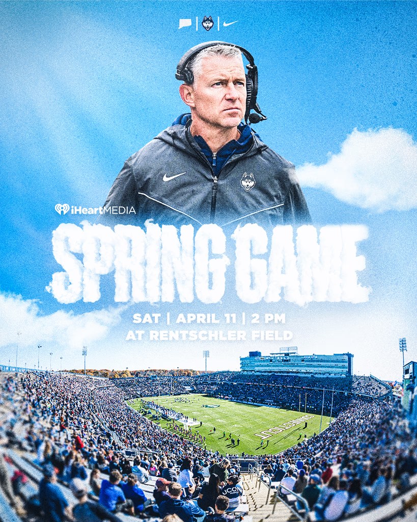 UConn Football 2026 Spring Game graphic with Coach Jason Candle and cloud lettering